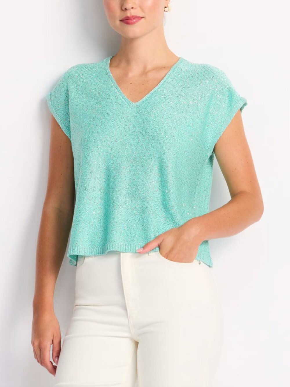 Vince Camuto Teal Silver Sequin V-Neck Sweater L